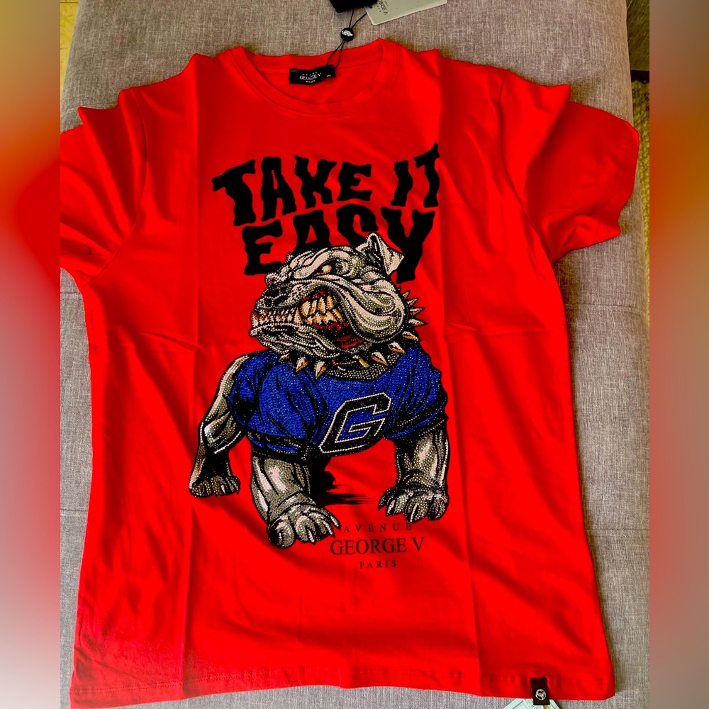 Avenue George V Paris T-Shirt rhinestone bulldog men’s red short sleeve shirt